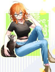 Rule 34 | 1girl, ankle boots, black-framed eyewear, black shirt, blue eyes, boots, breasts, brown footwear, cat, choker, commission, denim, geta (epicure no12), glasses, hand in own hair, hand up, high heel boots, high heels, highres, jeans, looking at viewer, medium breasts, messy hair, midriff, navel, open mouth, orange hair, original, pants, parted lips, red choker, shirt, short sleeves, skeb commission, smile, solo