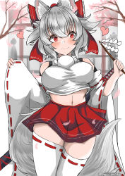 Rule 34 | 1girl, absurdres, animal ears, bad id, bad pixiv id, branch, breasts, cherry blossoms, detached sleeves, gohei, hair ribbon, heart, highres, holding, inubashiri momiji, japanese clothes, looking at viewer, midriff, miko, navel, red eyes, red skirt, regua, ribbon, shirt, short hair, skirt, smile, solo, tail, tengu, thighhighs, touhou, white hair, white shirt, white thighhighs, wolf ears, wolf girl, wolf tail, zettai ryouiki