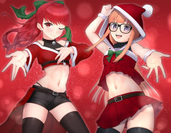 Rule 34 | 2girls, :d, ;), absurdres, bad id, bad pixiv id, bare shoulders, bell, belt, black-framed eyewear, black belt, black legwear, black panties, black shorts, blunt bangs, blush, bow, breasts, christmas, collar, commentary request, cowboy shot, crop top, glasses, gluteal fold, green ribbon, groin, hair ribbon, hand up, highleg, highleg panties, highres, hood, hood up, jacket, long hair, long sleeves, looking at viewer, midriff, multiple girls, navel, neck bell, off-shoulder jacket, off shoulder, one eye closed, open mouth, orange hair, panties, persona, persona 5, persona 5 the royal, ponytail, purple eyes, red background, red eyes, red hair, red jacket, red skirt, reneph, ribbon, sakura futaba, santa costume, short shorts, shorts, sidelocks, skindentation, skirt, small breasts, smile, standing, strapless, teeth, thighhighs, underbust, underwear, upper teeth only, waist cape, wristband, yoshizawa kasumi, zettai ryouiki
