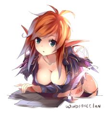 Rule 34 | 1girl, artist name, blood elf (warcraft), breasts, cleavage, elf, feathers, green eyes, long hair, looking at viewer, orange hair, pointy ears, simple background, solo, warcraft, white background, windforcelan, world of warcraft
