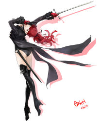 Rule 34 | 1girl, absurdres, arm support, artist name, ass, black footwear, black leotard, black ribbon, black thighhighs, breasts, choker, cleavage, collarbone, dated, gloves, hair ribbon, high heels, high ponytail, highres, holding, holding weapon, leotard, long hair, looking at viewer, looking back, open mouth, ozkh, persona, persona 5, persona 5 the royal, red eyes, red gloves, red hair, ribbon, shadow, signature, simple background, smile, solo, sword, thighhighs, thighs, weapon, white background, yoshizawa kasumi