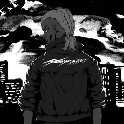 Rule 34 | 1boy, building, city, closed mouth, dark-skinned male, dark skin, dreadlocks, from behind, highres, jacket, keeeey, looking at viewer, looking back, male focus, monochrome, playboi carti, real life, short hair, solo, turning head, upper body