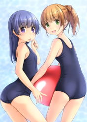 Rule 34 | 2girls, ass, ball, blue background, blue hair, brown hair, cowboy shot, green eyes, highres, long hair, looking at viewer, looking back, multiple girls, one-piece swimsuit, original, ponytail, purple eyes, school swimsuit, shibacha (shibacha 0728), short hair, swimsuit, tongue, tongue out
