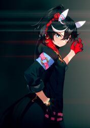 Rule 34 | 1girl, absurdres, animal ears, black coat, black hair, blue eyes, claw pose, closed mouth, clothing cutout, coat, ear covers, gloves, gradient background, hair between eyes, hair ornament, half gloves, hand on own hip, hand up, highres, horse ears, horse girl, horse tail, katsuragi ace (umamusume), long sleeves, looking at viewer, looking back, motsunabe (mo2nap3), multicolored hair, ponytail, short hair, smile, solo, split mouth, streaked hair, tail, tail through clothes, umamusume, upper body, v-shaped eyebrows
