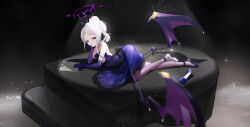 Rule 34 | 1girl, absurdres, ankle strap, blue archive, croci, demon wings, dress, earrings, elbow gloves, gloves, grand piano, hair bun, halo, highres, hina (blue archive), instrument, jewelry, lying, necklace, on piano, piano, purple dress, purple eyes, purple gloves, sheet music, shoes, single shoe, solo, spotlight, strapless, strapless dress, unworn shoes, white hair, wings