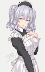 Rule 34 | 1girl, apron, blush, breasts, dress, grey eyes, kantai collection, kashima (kancolle), large breasts, long hair, looking at viewer, maid, maid headdress, one-hour drawing challenge, rokuwata tomoe, silver hair, smile, solo, tsurime, twintails, victorian maid, wavy hair