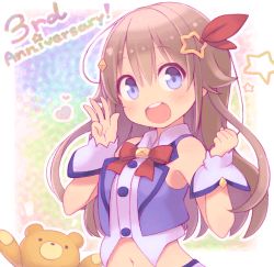 Rule 34 | 1girl, ankimo (tokino sora), blue eyes, blue vest, blush, border, bow, bowtie, brown hair, buttons, commentary request, crop top, cropped shirt, cropped vest, english text, hair between eyes, hair flaps, hair ornament, hairclip, heart, hololive, kuro (kuroneko no kanzume), long hair, looking at viewer, navel, open mouth, outline, outside border, shirt, sleeveless, smile, solo focus, star (symbol), star hair ornament, stuffed animal, stuffed toy, teddy bear, teeth, tokino sora, tokino sora (1st costume), upper body, upper teeth only, very long hair, vest, virtual youtuber, white border, white outline, wrist cuffs