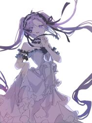 Rule 34 | armband, backlighting, dress, fate/grand order, fate (series), frilled armband, frilled hairband, frills, hair ribbon, hairband, headdress, highres, lolita hairband, looking at viewer, modotteku, parted bangs, petite, purple eyes, purple hair, ribbon, ribbon-trimmed hairband, smile, stheno (fate), strapless, strapless dress, twintails, white background, white dress