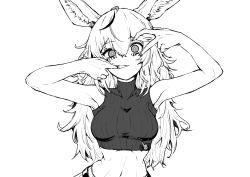 Rule 34 | 1girl, animal ear fluff, animal ears, breasts, cropped sweater, facial mark, fox ears, greyscale, hair between eyes, highres, hololive, long hair, looking at viewer, medium breasts, midriff, monochrome, mouth pull, multicolored hair, not nodu, omaru polka, simple background, sleeveless, sleeveless turtleneck, solo, star-shaped pupils, star (symbol), streaked hair, sweater, symbol-shaped pupils, turtleneck, turtleneck sweater, virtual youtuber, white background