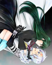 Rule 34 | 1boy, 1girl, 3so4ru5959, :d, absurdres, allen walker, black jacket, blue eyes, blue thighhighs, cape, closed mouth, couple, d.gray-man, eye contact, facial mark, floating hair, green eyes, green hair, hair down, highres, jacket, lenalee lee, long hair, long sleeves, looking at another, neck ribbon, open mouth, red ribbon, ribbon, silver hair, smile, star (symbol), straight hair, thighhighs, very long hair, waist cape, white cape