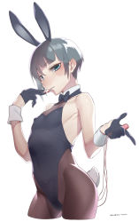 Rule 34 | 1boy, androgynous, black hair, blue eyes, bow, bowl cut, bowtie, crossdressing, detached collar, eyelashes, gloves, highres, leotard, looking at viewer, male focus, male playboy bunny, pantyhose, pectorals, playboy bunny, protagonist (smtv), rabbit tail, shin megami tensei, shin megami tensei v, short hair, simple background, smile, solo, tail, tawapo, trap, wrist cuffs
