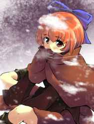 Rule 34 | 1girl, bad id, bad pixiv id, blush, bow, cape, hair bow, long sleeves, looking at viewer, nise nanatsura, red eyes, red hair, sekibanki, shirt, sitting, skirt, snow, solo, touhou, wide sleeves