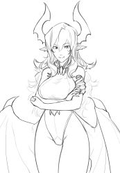 Rule 34 | bat wings, breasts, crossed arms, demon girl, greyscale, highres, horns, leotard, less, long hair, looking at viewer, monochrome, pointy ears, smile, wavy hair, white background, wings
