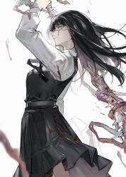 Rule 34 | 1girl, arm up, belt, black belt, black dress, black hair, chainsaw man, closed mouth, dadijiji, dress, from side, highres, holding, holding weapon, intestines, long hair, long sleeves, pinafore dress, purple eyes, scar, scar on face, shirt, simple background, sleeveless, sleeveless dress, solo, standing, weapon, white background, white shirt, yoru (chainsaw man)