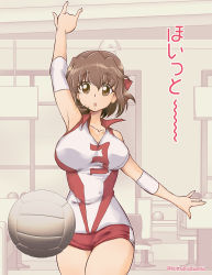 Rule 34 | 1girl, arm up, ball, bowling, bowling alley, breasts, brown eyes, brown hair, commentary, cowboy shot, elbow pads, girls und panzer, headband, indoors, kondou taeko, large breasts, looking at viewer, medium hair, nakasawa kei, open mouth, red headband, red shirt, red shorts, shirt, short shorts, shorts, sleeveless, sleeveless shirt, solo, sportswear, standing, translated, twitter username, volleyball, volleyball (object), volleyball uniform