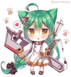 Rule 34 | 1girl, absurdly long hair, ahoge, akashi (azur lane), animal ears, azur lane, bell, black bow, black footwear, bow, cat ears, chestnut mouth, chibi, commentary request, crane (machine), dress, full body, gem, green hair, hair between eyes, hair bow, hair ornament, hands in opposite sleeves, holding, jingle bell, kneehighs, kneehighs pull, long hair, long sleeves, looking at viewer, machinery, parted lips, paw print, paw print background, pigeon-toed, red bow, red gemstone, sailor dress, shoes, sidelocks, simple background, socks, solo, spoken object, standing, suzunone rena, twitter username, very long hair, white background, white dress, white socks, wide sleeves, yellow eyes