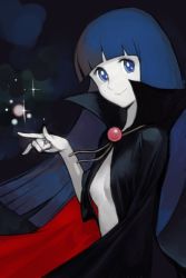 Rule 34 | 1girl, black background, blue eyes, blue hair, blunt bangs, breasts, cape, etou ranze, from side, gem, high collar, hungry clicker, long hair, looking at viewer, naked cape, nude, ribbon, small breasts, smile, solo, sparkle, tokimeki tonight, upper body