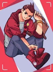 Rule 34 | 1boy, ace attorney, adjusting footwear, antenna hair, apollo justice, apollo justice (stylin&#039; street clothes), backpack, badge, bag, between legs, blue pants, boots, bracelet, brown bag, brown eyes, brown hair, button badge, buttons, cropped jacket, cross-laced footwear, forked eyebrows, grey shirt, grin, hand between legs, hand up, highres, holding, holding bag, hood, hood down, hooded jacket, jacket, jewelry, knees up, looking at viewer, male focus, pants, ragi (od6fine), red footwear, red jacket, shirt, shoes, sitting, sleeves rolled up, smile, sneakers, solo, two-tone background