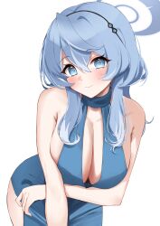 Rule 34 | 1girl, absurdres, ako (blue archive), ako (dress) (blue archive), arm under breasts, bare arms, bare shoulders, blue archive, blue dress, blue eyes, blue hair, blue halo, blush, closed mouth, dress, hairband, halo, highres, leaning forward, looking at viewer, medium hair, nemun (tamizzz), no bra, official alternate costume, simple background, sleeveless, sleeveless dress, smile, solo, white background