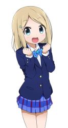 Rule 34 | 10s, 1girl, :d, ayase alisa, blazer, blonde hair, blue eyes, jacket, looking at viewer, love live!, love live! school idol project, miyako hito, open mouth, school uniform, simple background, smile, solo, white background