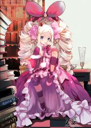 Rule 34 | 1girl, beatrice (re:zero), blonde hair, blush, book, book stack, bow, butterfly-shaped pupils, capelet, checkered floor, commentary request, crown, cup, dated, dress, drill hair, forehead, frilled dress, frilled sleeves, frills, fur-trimmed capelet, fur trim, grey background, hair bow, hand up, kero sweet, knee up, library, long hair, long sleeves, looking at viewer, mini crown, pantyhose, parted bangs, parted lips, pink bow, pink footwear, purple capelet, purple dress, re:zero kara hajimeru isekai seikatsu, shoes, sidelocks, signature, sitting, sleeves past wrists, solo, striped clothes, striped pantyhose, symbol-shaped pupils, tilted headwear, twin drills, v-shaped eyebrows, very long hair, wide sleeves
