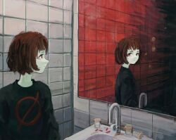 Rule 34 | 1girl, absurdres, bathroom, black sweater, brown hair, closed mouth, commentary, different reflection, elainma, english commentary, expressionless, highres, indoors, long sleeves, looking at mirror, milk-chan (milk series), milk inside a bag of milk inside a bag of milk, mirror, no symbol, pale skin, pill, pill bottle, red eyes, reflection, short hair, solo, sweater, tile wall, tiles, upper body