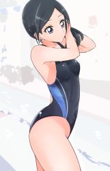 Rule 34 | 1girl, black eyes, black hair, black one-piece swimsuit, boh stick, breasts, competition swimsuit, covered navel, cowboy shot, healin&#039; good precure, highres, long hair, one-piece swimsuit, precure, sawaizumi chiyu, small breasts, solo, standing, swimsuit, white background