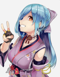 Rule 34 | .live, 1girl, absurdres, black gloves, blue hair, blush, bow, detached sleeves, fingerless gloves, flower, from side, gloves, grey background, grin, hair bow, hair over one eye, haruyuki (gffewuoutgblubh), high ponytail, highres, japanese clothes, kimono, long hair, long sleeves, looking at viewer, obi, ponytail, purple bow, purple kimono, red eyes, sash, simple background, smile, solo, upper body, v, very long hair, virtual youtuber, yamato iori