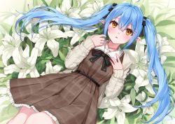 Rule 34 | 1girl, absurdres, ahoge, black bow, blue hair, blush, bow, brown dress, cardigan, commentary, dress, elf, flower, hair between eyes, hair bow, hands up, highres, hololive, jewelry, kanoe (tatsukanoe), long hair, long sleeves, looking at viewer, lying, necklace, on back, open cardigan, open clothes, parted lips, plaid, plaid dress, pointy ears, solo, twintails, very long hair, virtual youtuber, white cardigan, white flower, yellow eyes, yukihana lamy, yukihana lamy (casual)