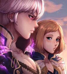 Rule 34 | 1boy, 1girl, absurdres, aura, blue eyes, blush, cloud, cloudy sky, collarbone, commentary, dark aura, english commentary, evening, evomanaphy, fire emblem, fire emblem awakening, fire emblem heroes, freckles, from side, girl staring at guy&#039;s chest (meme), grima (fire emblem), highres, kiran (female) (fire emblem), kiran (fire emblem), light brown hair, looking at pectorals, meme, nintendo, parted bangs, pectorals, profile, red eyes, robin (fire emblem), robin (male) (fire emblem), short hair, sky, upper body, white hair
