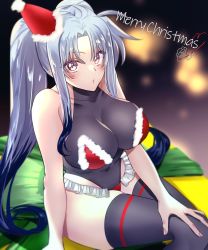 Rule 34 | 1girl, black leotard, black thighhighs, blue hair, blush, breasts, christmas, cleavage, commentary, covered navel, english text, frilled leotard, frills, halterneck, hand on own knee, hat, heart, highres, large breasts, leonis g, leotard, levi the slasher, long hair, looking at viewer, lyrical nanoha, mahou shoujo lyrical nanoha innocent, merry christmas, parted bangs, parted lips, purple eyes, santa hat, sidelocks, single horizontal stripe, sitting, solo, thighhighs, tilted headwear, twintails, very long hair