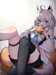 Rule 34 | 1girl, absurdres, ahoge, animal ear fluff, animal ears, black shorts, black thighhighs, blue neckerchief, braid, breasts, burger, cleavage, commentary, detached sleeves, earrings, food, fox ears, fox girl, fox tail, green eyes, hair between eyes, hashira 14, highres, holding, holding food, hololive, hood, hoodie, jewelry, legs up, long hair, looking at viewer, neckerchief, open mouth, pentagram, shirakami fubuki, shirakami fubuki (1st costume), short shorts, shorts, sidelocks, simple background, single braid, single thighhigh, sitting, small breasts, solo, tail, thigh strap, thighhighs, virtual youtuber, white background, white hair, white hoodie