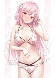 Rule 34 | 1girl, bare arms, bare shoulders, bikini, blush, breasts, breasts apart, cherry blossoms, cleavage, collarbone, cowboy shot, embarrassed, fang, floral print, flower, gluteal fold, hair flower, hair ornament, halterneck, head tilt, highres, karutamo, long hair, looking at viewer, medium breasts, multi-strapped bikini, navel, nose blush, o-ring, o-ring bikini, open mouth, original, pink hair, red eyes, solo, stomach, string bikini, swimsuit, thigh gap, thighs, two side up, very long hair, white background, white bikini