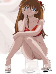Rule 34 | 1girl, absurdres, arm support, artist request, ass, bare legs, bikini, bikini top only, blue eyes, breasts, brown hair, female focus, fetal position, full body, highres, invisible chair, legs together, long hair, medium breasts, navel, neon genesis evangelion, pussy, red bikini, simple background, sitting, smile, solo, souryuu asuka langley, squatting, swimsuit, uncensored, white background, zoom layer