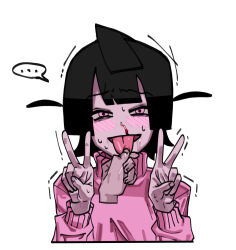 Rule 34 | ..., 1girl, bags under eyes, black hair, blood, blunt bangs, blush, commentary, cropped torso, disembodied hand, double v, drooling, empty eyes, furrowed brow, half-closed eyes, hands up, highres, jacket, long sleeves, looking at viewer, nosebleed, open mouth, original, pink eyes, pink jacket, simple background, smile, solo focus, spoken ellipsis, symbol-only commentary, tongue, tongue grab, track jacket, trembling, turtleneck, turtleneck jacket, two side up, uotak, v, white background