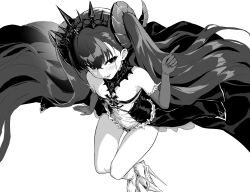 Rule 34 | 1girl, azur lane, azur lane: slow ahead, bare shoulders, black dress, black tiara, breasts, center opening, curled horns, dress, elbow gloves, fang, felix schultz (azur lane), female focus, gloves, greyscale, hand up, high heels, highres, hori (hori no su), horns, long hair, looking at viewer, md5 mismatch, monochrome, navel, official art, parted lips, revealing clothes, sitting, skin fang, small breasts, solo, stomach, tiara, transparent background, twintails, very long hair, webp-to-png conversion