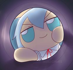 Rule 34 | 1girl, artist name, blue bow, blue eyes, blue hair, bow, cirno, closed mouth, commentary, english commentary, fumo (doll), hair between eyes, hair bow, neck ribbon, pov, red ribbon, ribbon, short sleeves, skullchimes, solo, touhou, twitter username