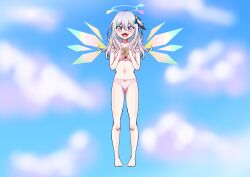 Rule 34 | 1girl, angel, arial yuriko, belly, bra, cloud, cloudy sky, commission, croissant, feet, flying, food, halo, highres, holding, holding food, multicolored eyes, multicolored hair, navel, open mouth, panties, pink bra, pink panties, simple background, sky, solo, thighs, underwear, underwear only, virtual youtuber, vreverie, wings