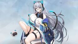 Rule 34 | 1girl, ark re:code, black panties, black shirt, blue background, blue eyes, blue jacket, boots, cat ears headband, cat tail, closed mouth, erica (ark re:code), glasses, grey hair, jacket, long hair, panties, robot, serious, shirt, sitting, solo, suspenders, tail, underwear, very long hair, white shirt