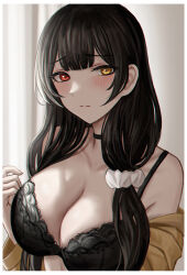 Rule 34 | 1girl, bare shoulders, black bra, black choker, black hair, blush, bra, breasts, choker, cleavage, closed mouth, collarbone, commentary request, girls&#039; frontline, hair ornament, hair scrunchie, heterochromia, highres, large breasts, long hair, long sleeves, looking at viewer, off shoulder, red eyes, ro635 (girls&#039; frontline), scrunchie, selcky, solo, underwear, upper body, white scrunchie, yellow eyes
