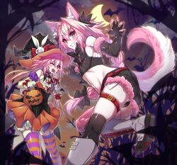 2boys animal_ears astolfo_(fate) astolfo_(saber)_(fate) bat_(animal) blush boots bow braid braided_ponytail commentary_request covered_erect_nipples elbow_gloves fate/grand_order fate_(series) garter_straps gloves hair_between_eyes halloween haoro hat long_hair looking_at_viewer miniskirt moon multiple_boys navel night one_eye_closed outdoors pink_hair shorts skindentation skirt smile tail teeth thigh_strap thighhighs tongue trap twintails witch_hat wolf_boy wolf_ears wolf_tail yellow_eyes