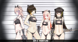 Rule 34 | 4girls, animal ears, anti-rain (girls&#039; frontline), ar-15, assault rifle, black bra, black eyes, black panties, blue eyes, blush, bra, breasts, brown eyes, brown hair, cat cutout, cat ears, cat lingerie, character name, cleavage, clothing cutout, commentary request, copyright name, eyepatch, girls&#039; frontline, gun, hair ornament, highres, holding, holding bra, holding clothes, holding underwear, holding weapon, lingerie, long hair, looking at breasts, looking at viewer, looking to the side, m16, m16a1, m16a1 (girls&#039; frontline), m4 carbine, m4 sopmod ii, m4 sopmod ii (girls&#039; frontline), m4a1 (girls&#039; frontline), mag (mag42), medium breasts, meme attire, multicolored hair, multiple girls, name tag, navel, panties, pink hair, reclining, red eyes, rifle, scarf, scope, side-tie panties, signature, skeleton print, small breasts, st ar-15 (girls&#039; frontline), tongue, tongue out, two-tone hair, underwear, weapon