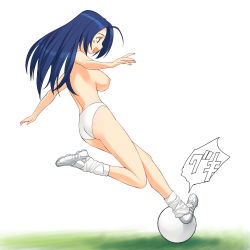 Rule 34 | 00s, 1girl, a1 (initial-g), absurdres, adidas, ahoge, ball, blue hair, breasts, highres, idolmaster, idolmaster (classic), idolmaster 1, legs, long hair, loose socks, medium breasts, miura azusa, nipples, open mouth, panties, playing sports, red eyes, running, shoes, soccer, soccer ball, socks, solo, topfreedom, topless, underwear, underwear only, white panties, white soccer ball, white socks