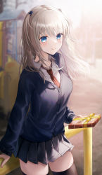 Rule 34 | 1girl, black thighhighs, blonde hair, blue eyes, blue jacket, blurry, blurry background, box, collarbone, collared shirt, gift, gift box, highres, hini ni, holding, holding box, jacket, long hair, looking at viewer, necktie, original, red necktie, school uniform, shirt, smile, thighhighs, two side up, valentine, white shirt