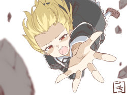 Rule 34 | 1girl, andou tazusa, arm up, artist name, assault lily, black ribbon, black skirt, blonde hair, blurry, blurry background, blurry foreground, brown footwear, commentary, cropped jacket, debris, falling, floating hair, forehead, foreshortening, gochisousama (tanin050), hair ribbon, half-closed eyes, juliet sleeves, loafers, long sleeves, looking at viewer, midair, neck ribbon, open hand, open mouth, outstretched arm, pantyhose, ponytail, puffy sleeves, reaching, reaching towards viewer, red eyes, ribbon, school uniform, shoes, short hair, simple background, sketch, skirt, solo, sweat, teeth, upper teeth only, white background, white pantyhose, yurigaoka girls academy school uniform