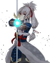 Rule 34 | 1boy, bow (weapon), chlxms, fire emblem, fire emblem fates, gloves, grey hair, highres, long hair, male focus, nintendo, ponytail, red eyes, simple background, solo, takumi (fire emblem), weapon, white background, yumi (bow)