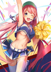 Rule 34 | 1girl, ;d, arm up, armpits, baseball cap, belt, belt buckle, blue eyes, blue footwear, blue ribbon, blue skirt, blush, bouncing breasts, breasts, buckle, cheerleader, collarbone, commentary request, crop top, crop top overhang, hair ribbon, hat, headset, long hair, looking at viewer, low twintails, medium breasts, midriff, miniskirt, navel, no bra, one eye closed, open mouth, original, pink hair, pom pom (cheerleading), ribbon, shoes, skirt, sleeveless, smile, solo, standing, standing on one leg, star (symbol), stomach, sweat, swept bangs, teeth, thighhighs, twintails, underboob, upper teeth only, very long hair, white belt, white thighhighs, yuuki yuu