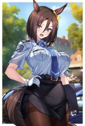 Rule 34 | 1girl, air groove (umamusume), alternate costume, animal ears, belt, black belt, black pantyhose, black skirt, blue eyes, blue shirt, blue sky, blush, bow, breast pocket, breasts, brown hair, car, clipboard, collared shirt, commentary request, cowboy shot, day, ear bow, ear chain, ear ornament, gloves, hair between eyes, hand on own hip, highres, holding, holding clipboard, horse ears, horse girl, horse tail, large breasts, looking at viewer, motor vehicle, necktie, open mouth, pantyhose, pencil skirt, pocket, police, police car, police uniform, policewoman, shirokuma a, shirt, shirt tucked in, short hair, short sleeves, sidelocks, skirt, sky, solo, standing, tail, teeth, tented shirt, thighband pantyhose, umamusume, uniform, upper teeth only, yellow bow