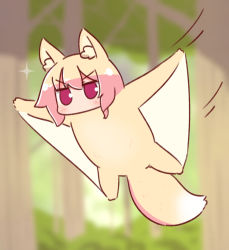Rule 34 | 1girl, animal, animal ear fluff, animal ears, animalization, blonde hair, blurry, blurry background, blush, day, depth of field, flying, flying squirrel, forest, fox ears, fox tail, hair between eyes, highres, kemomimi-chan (naga u), long hair, looking at viewer, naga u, nature, original, outdoors, outstretched arms, red eyes, sidelocks, solo, sparkle, spread arms, squirrel, tail, tree, v-shaped eyebrows
