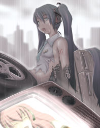 Rule 34 | 1girl, android, ao usagi, aqua eyes, aqua hair, bad end, bare shoulders, bottomless, breasts, broken, collared shirt, crt, crying, crying with eyes open, empty eyes, hatsune miku, headphones, headset, junkyard, long hair, mechanical parts, megurine luka, necktie, outdoors, rain, shirt, sideboob, small breasts, smile, solo, tears, television, torn clothes, twintails, vocaloid, wheel